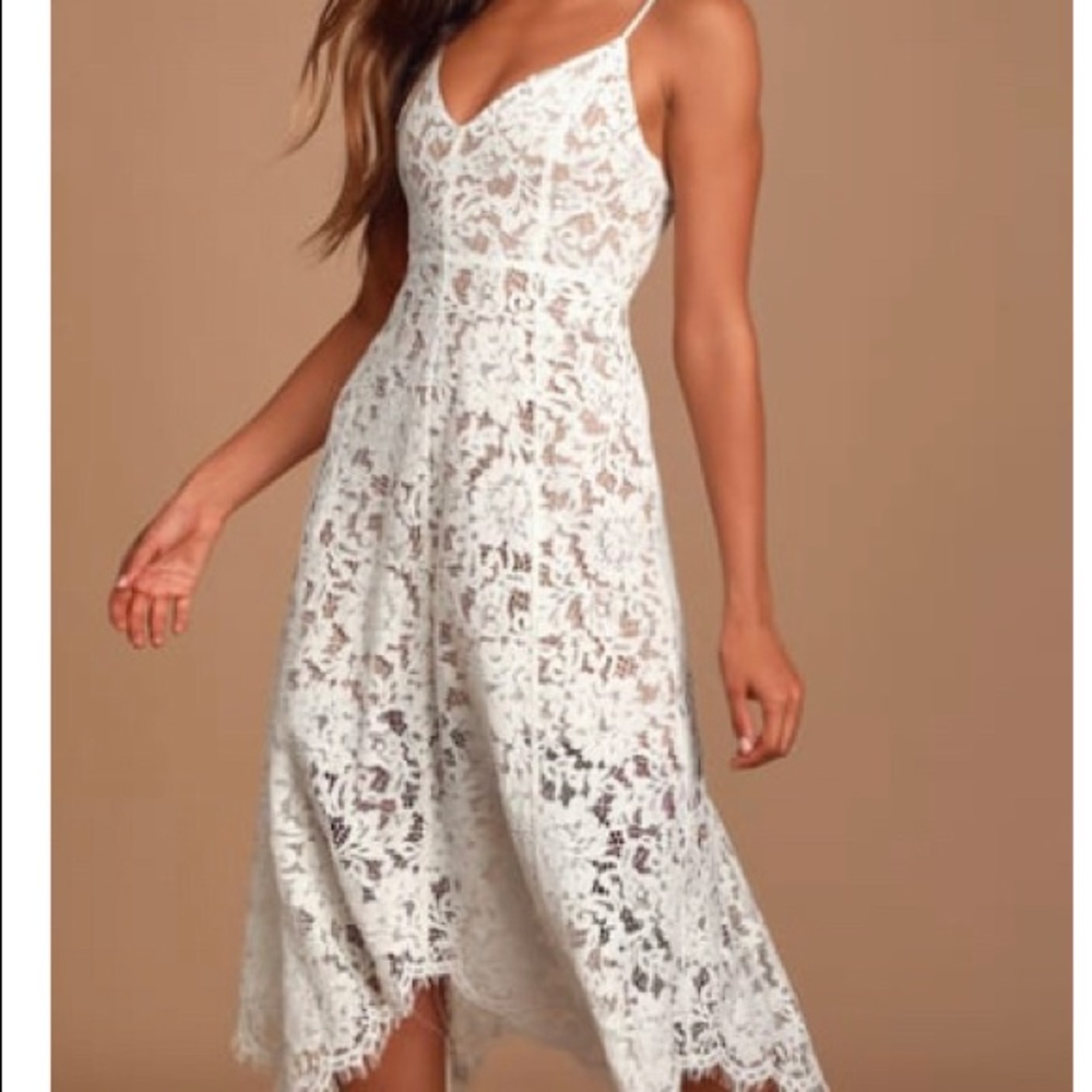 Lulu’s One Wish White Lace Midi Dress